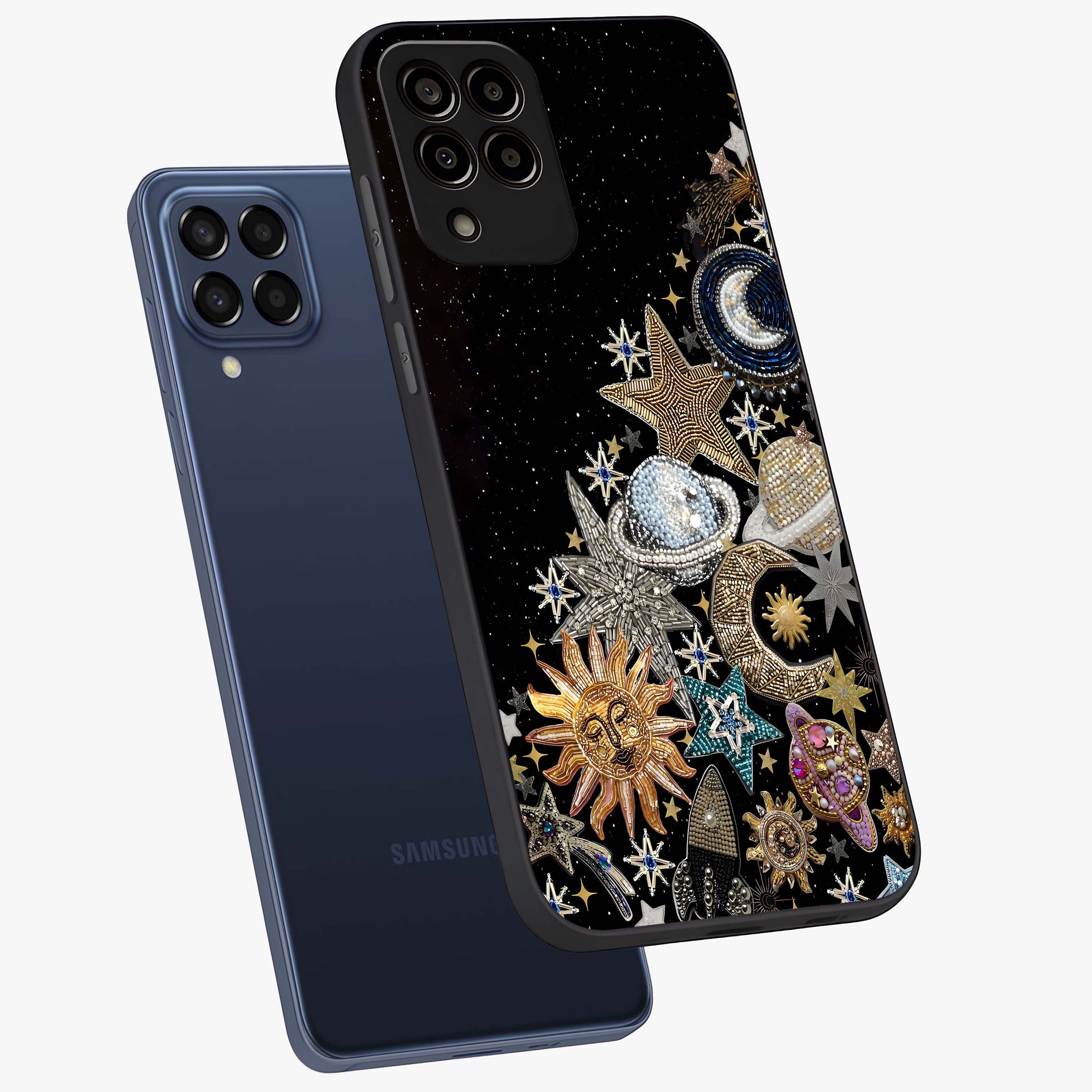 Cosmic Sparkle Dreams Glass Case displayed in angled mockup highlighting dreamy star sparkle design with celestial aesthetic.
