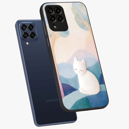 Cotton Dream Cat Glass Case displayed in angled mockup highlighting cute feline illustration with pastel aesthetic style.