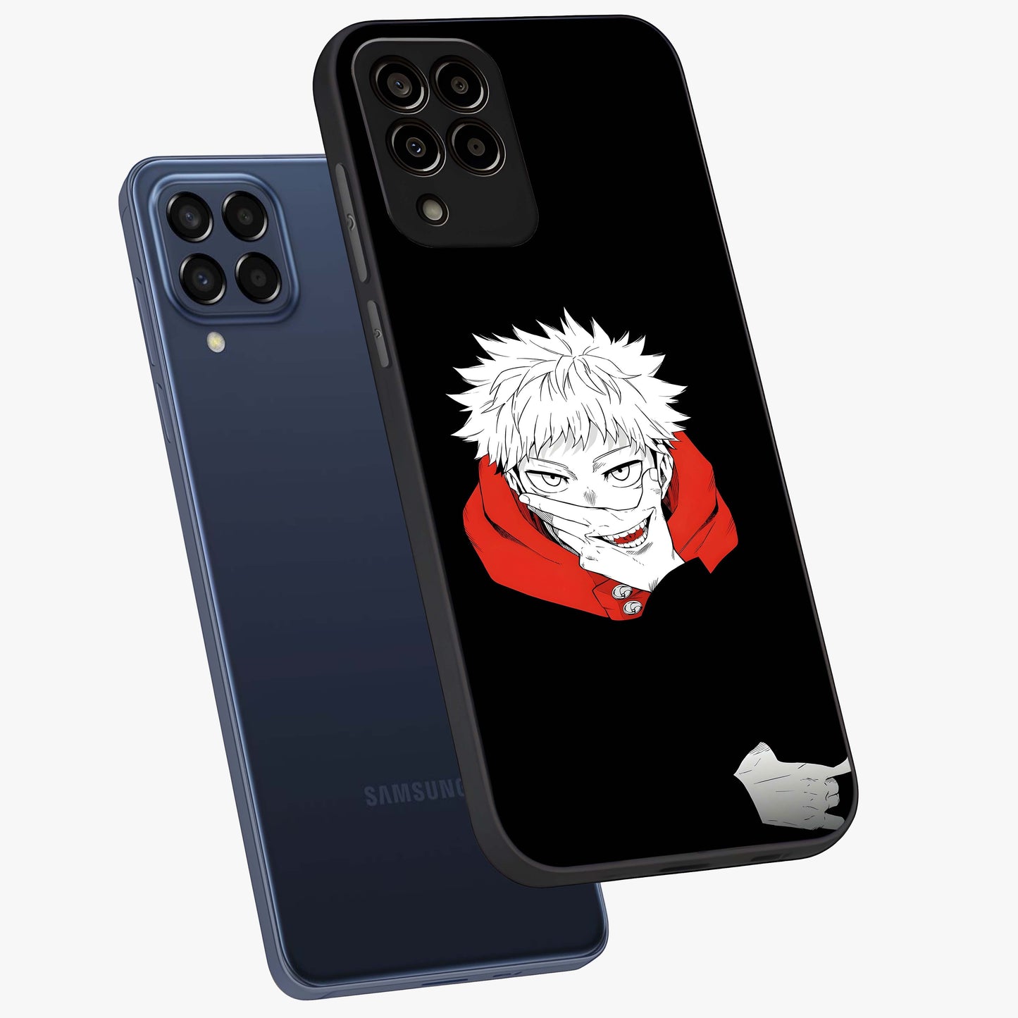 Crimson Chaos Smile Glass Case displayed in angled mockup highlighting edgy crimson smile design with graphic aesthetic.