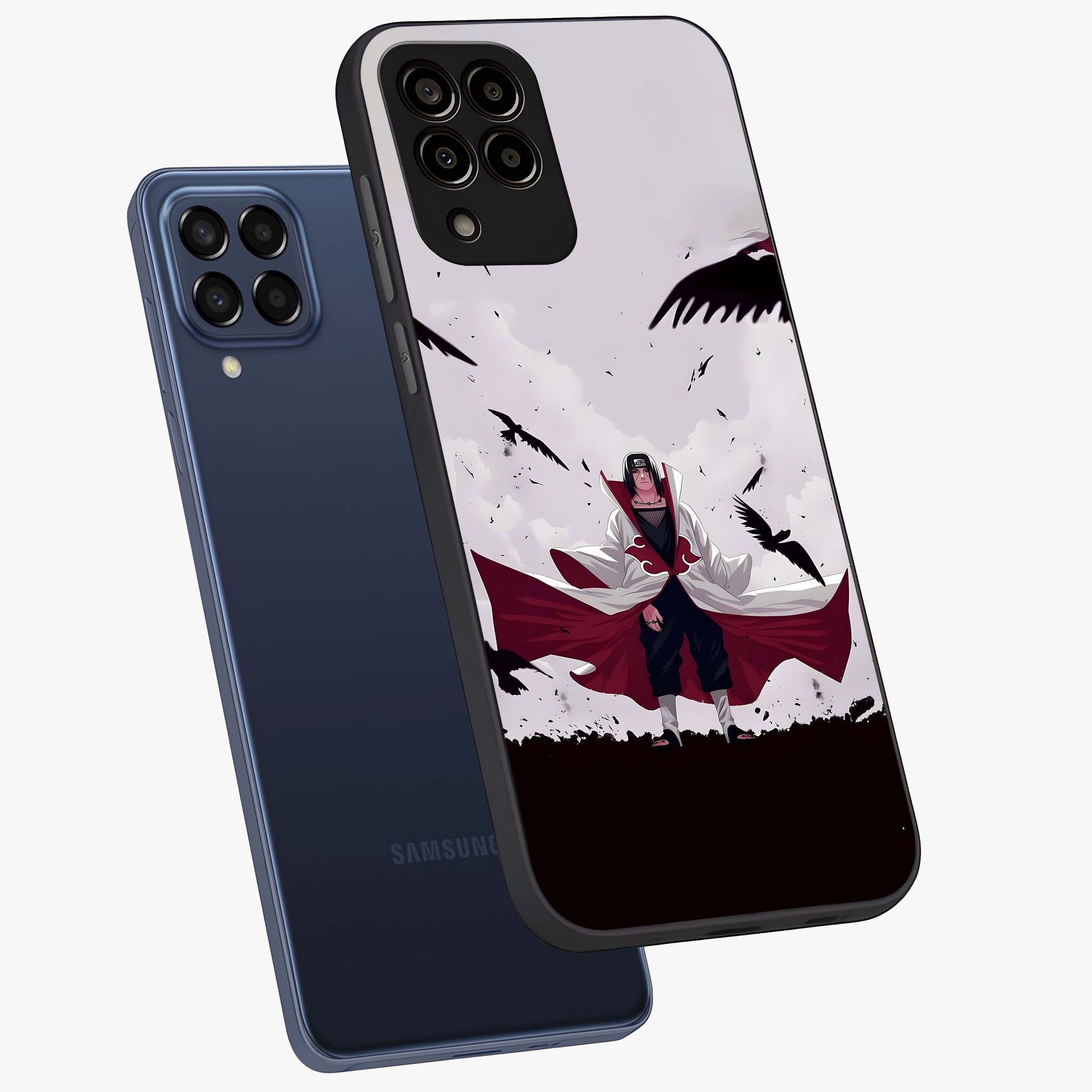 Crimson Crow Ascension Glass Case displayed in angled mockup highlighting powerful crow illustration with dark crimson aesthetic.