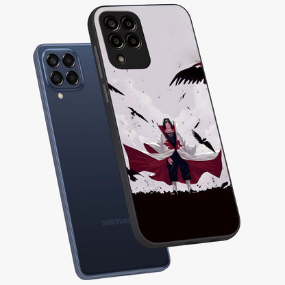 Crimson Crow Ascension Glass Case displayed in angled mockup highlighting powerful crow illustration with dark crimson aesthetic.