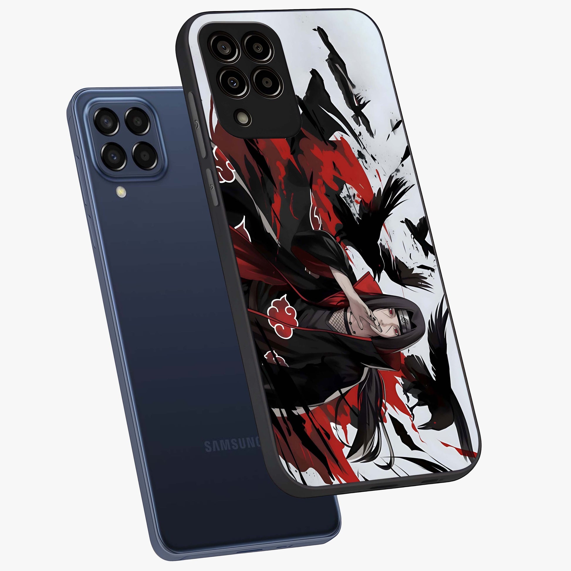 Crimson Crow Illusion Glass Case displayed in angled mockup highlighting mysterious crow graphic with dark aesthetic style.