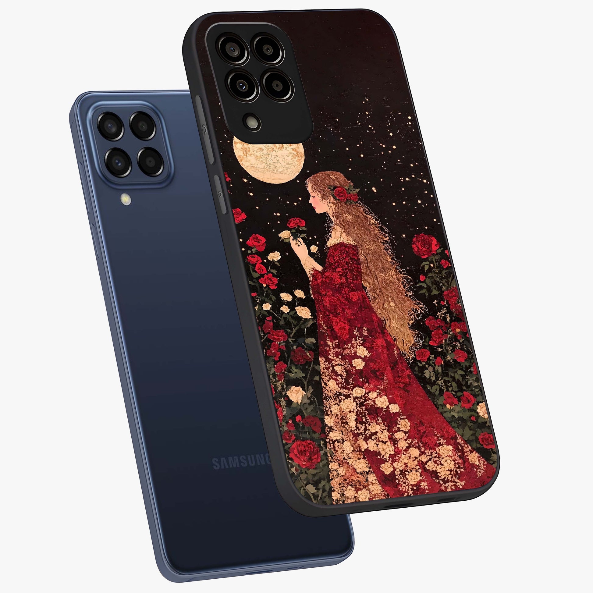 Crimson Dreams Glass Case displayed in angled mockup highlighting soft crimson aesthetic design with artistic theme.