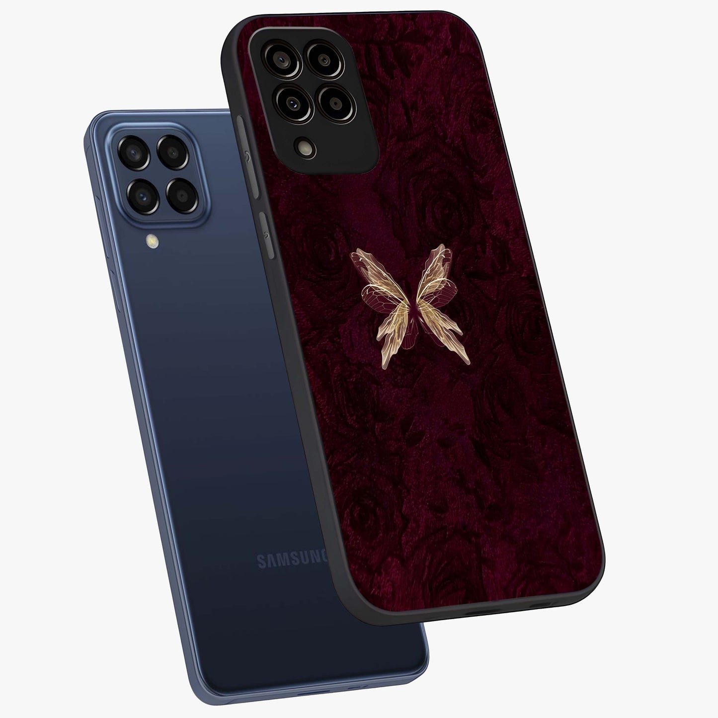 Crimson Fade Butterfly Glass Case displayed in angled mockup highlighting elegant butterfly design with crimson gradient aesthetic.