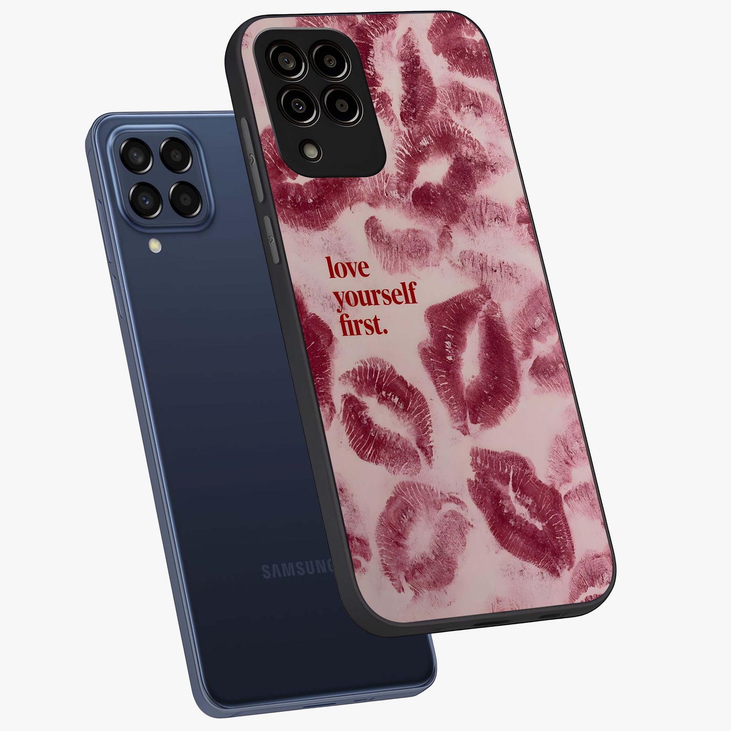 Crimson Kiss Love Glass Case displayed in angled mockup highlighting bold love inspired design with modern aesthetic style.