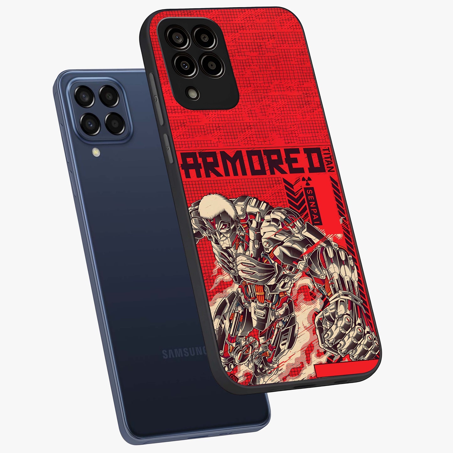 Crimson Mecha Titan Glass Case displayed in angled mockup highlighting futuristic mech illustration with bold crimson aesthetic.