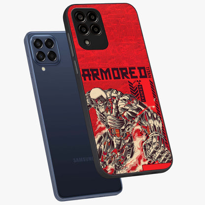 Crimson Mecha Titan Glass Case displayed in angled mockup highlighting futuristic mech illustration with bold crimson aesthetic.