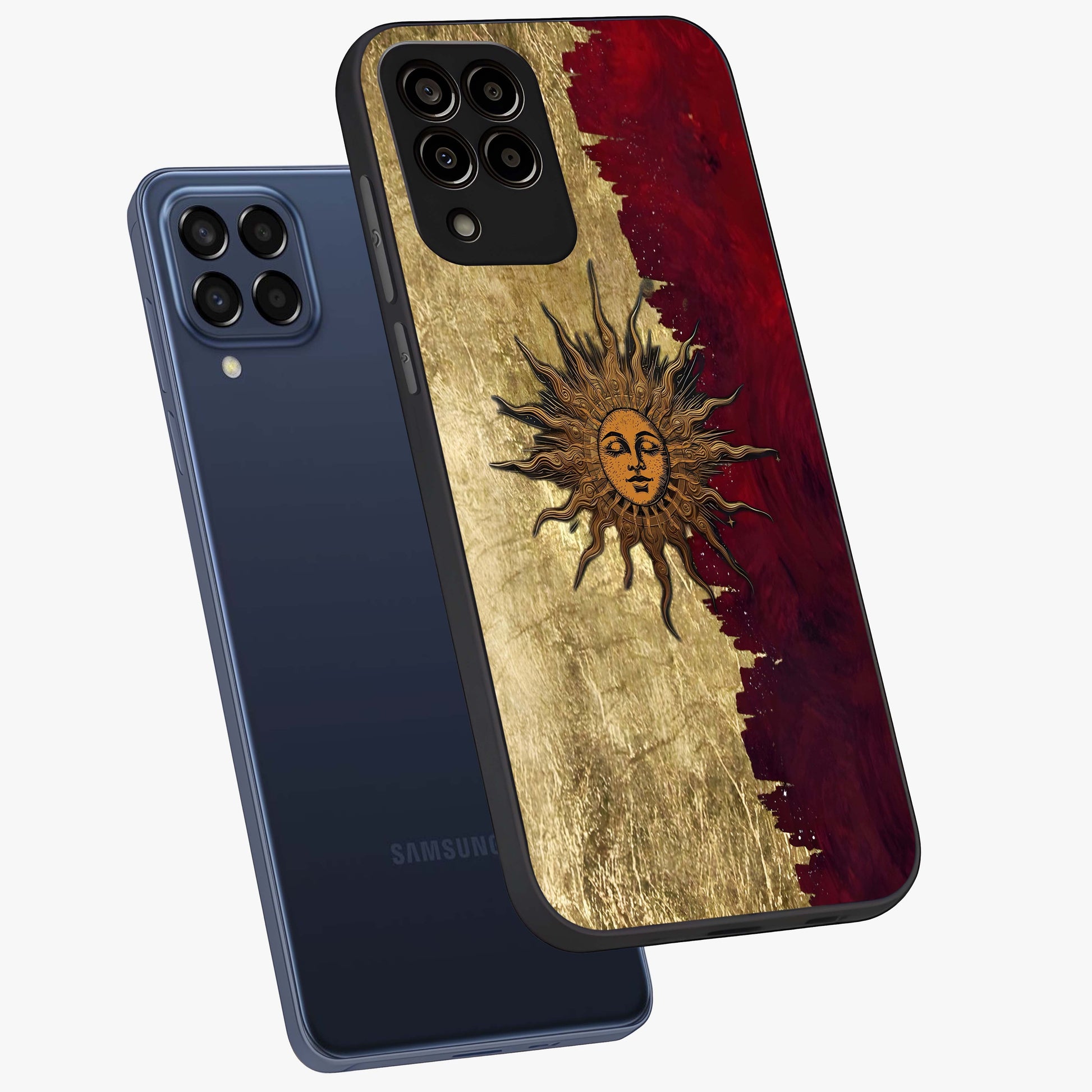 Crimson Sun Majesty Glass Case displayed in angled mockup highlighting majestic crimson sun design with bold aesthetic style.