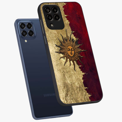 Crimson Sun Majesty Glass Case displayed in angled mockup highlighting majestic crimson sun design with bold aesthetic style.