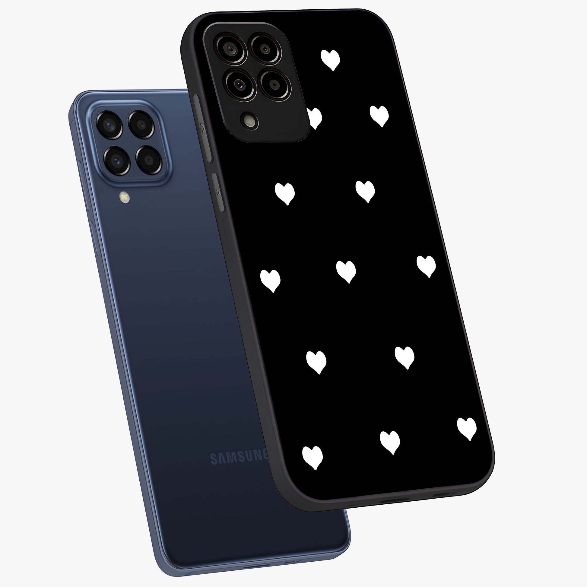 Cute And Simple White Hearts Glass Case displayed in angled mockup highlighting cute heart design with clean aesthetic style.
