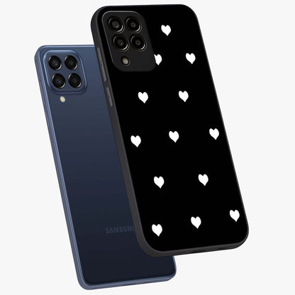 Cute And Simple White Hearts Glass Case displayed in angled mockup highlighting cute heart design with clean aesthetic style.