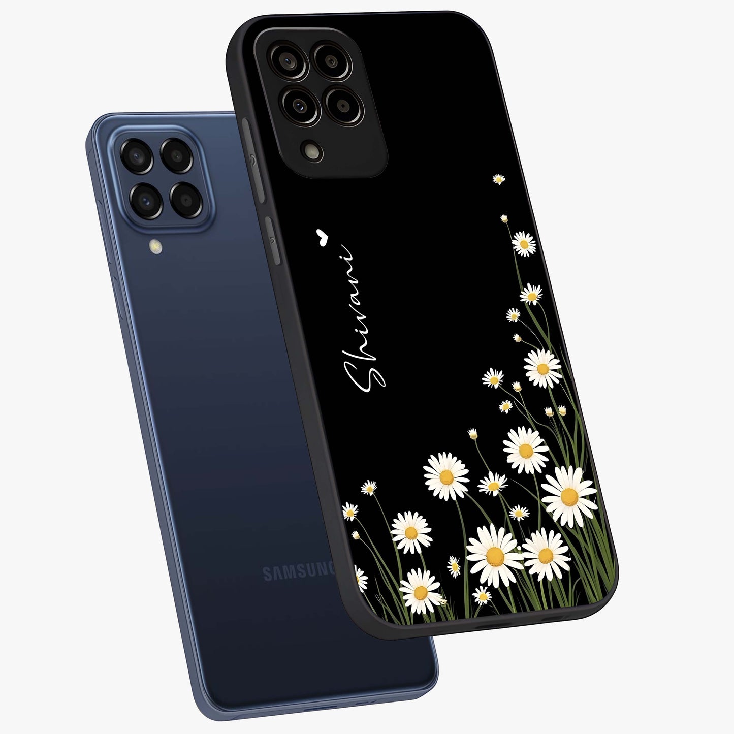 Daisy Cascade Custom Name Glass Case displayed in angled mockup highlighting delicate daisy artwork with custom name feature.