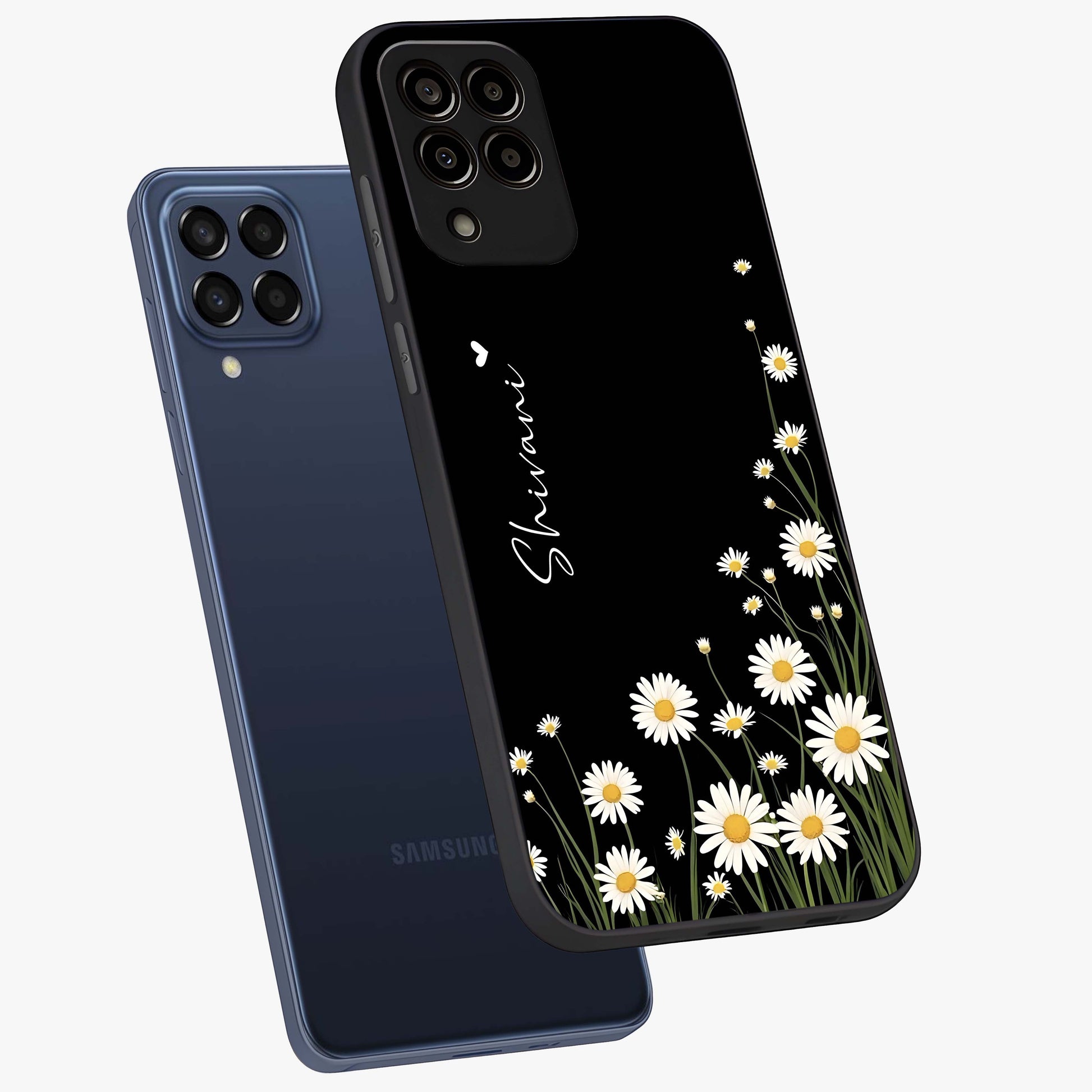 Daisy Cascade Custom Name Glass Case displayed in angled mockup highlighting delicate daisy artwork with custom name feature.