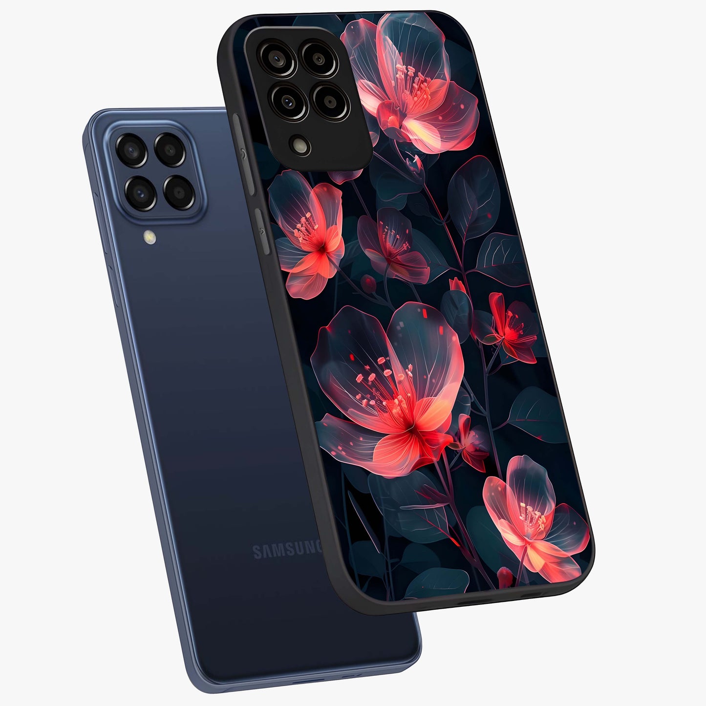 Dark Shade of Flower Glass Case displayed in angled mockup highlighting moody floral illustration with aesthetic dark tones.