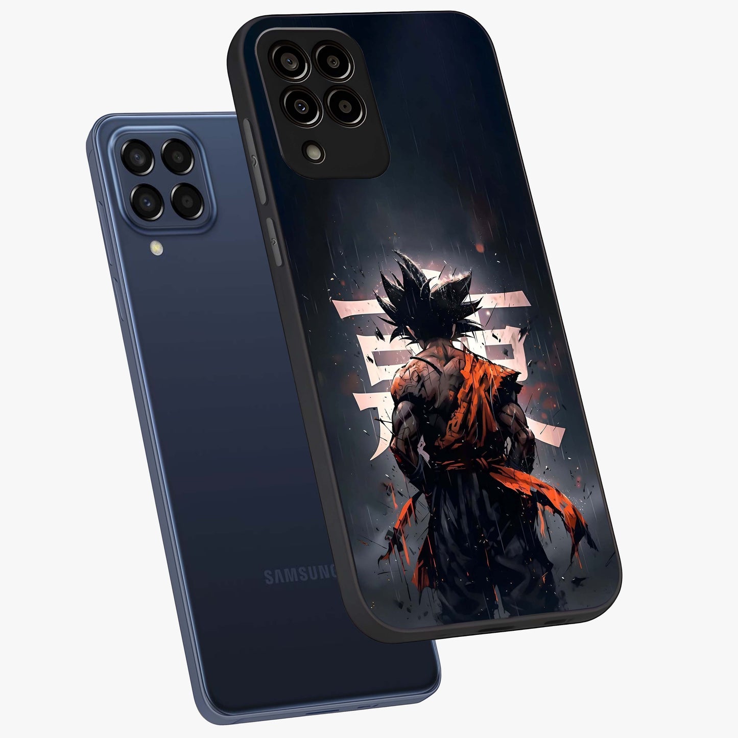 Dark Warrior In Rain Glass Case displayed in angled mockup highlighting dramatic warrior illustration with dark rain aesthetic.