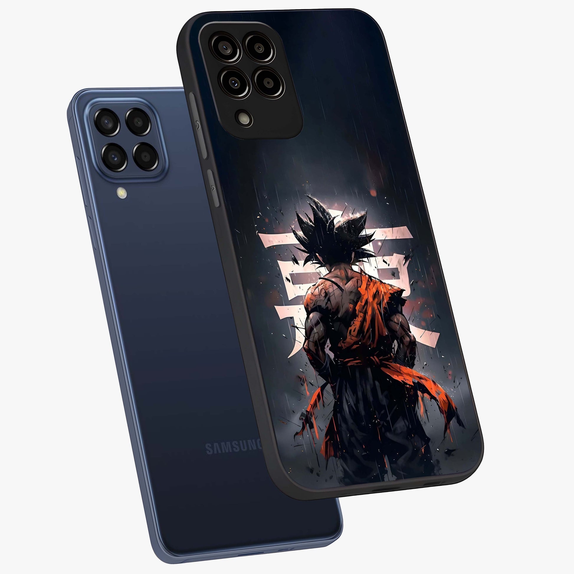 Dark Warrior In Rain Glass Case displayed in angled mockup highlighting dramatic warrior illustration with dark rain aesthetic.