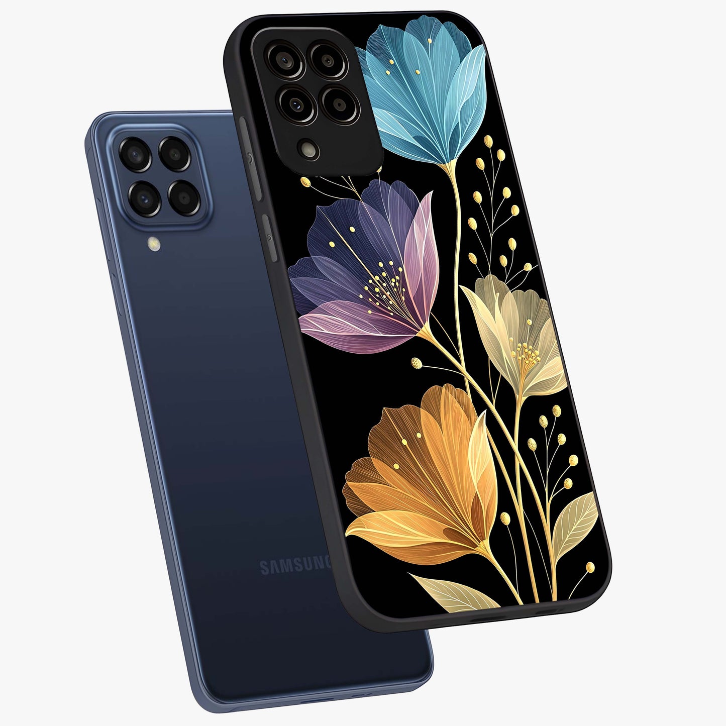 Delicate Multicolor Flowers Glass Case displayed in angled mockup highlighting colorful flower pattern with soft aesthetic style.