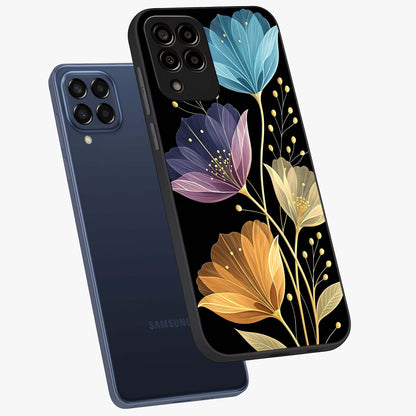 Delicate Multicolor Flowers Glass Case displayed in angled mockup highlighting colorful flower pattern with soft aesthetic style.