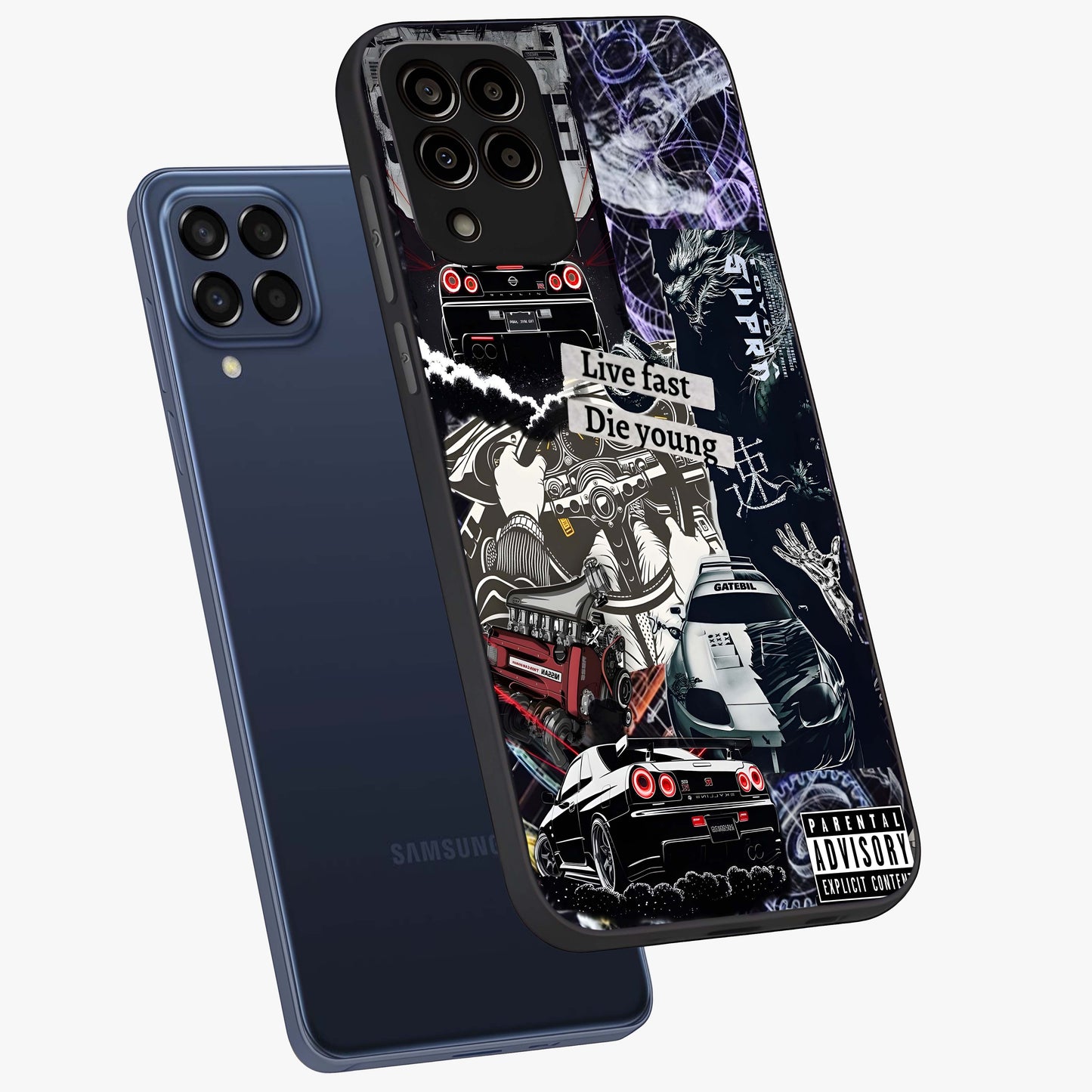 Die Young Glass Case displayed in angled mockup highlighting expressive graphic artwork with edgy aesthetic style.