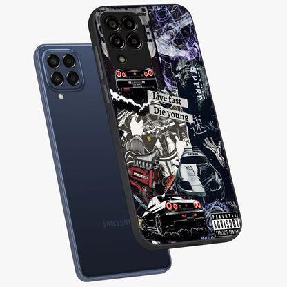 Die Young Glass Case displayed in angled mockup highlighting expressive graphic artwork with edgy aesthetic style.