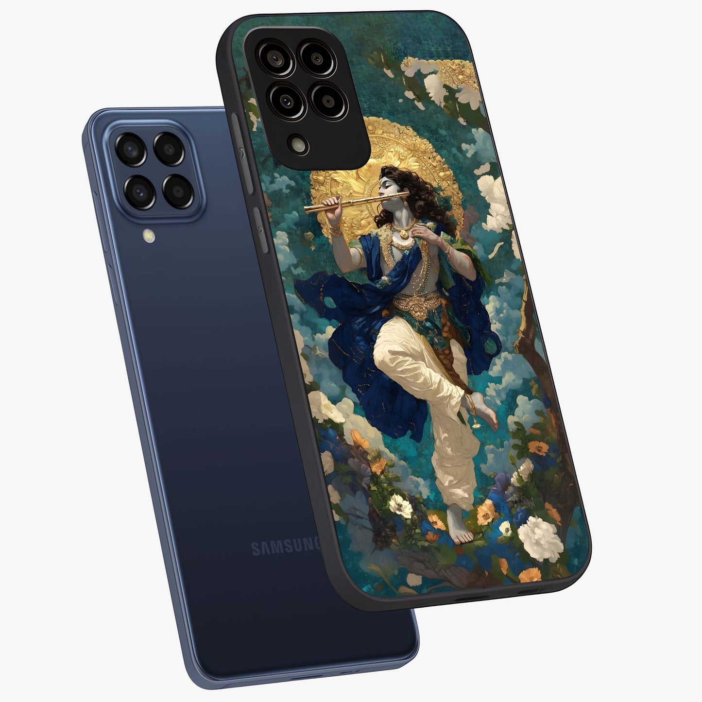 Divine Krishna Art Glass Case displayed in angled mockup highlighting spiritual Krishna illustration with devotional aesthetic.