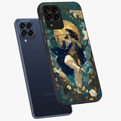 Divine Krishna Art Glass Case displayed in angled mockup highlighting spiritual Krishna illustration with devotional aesthetic.