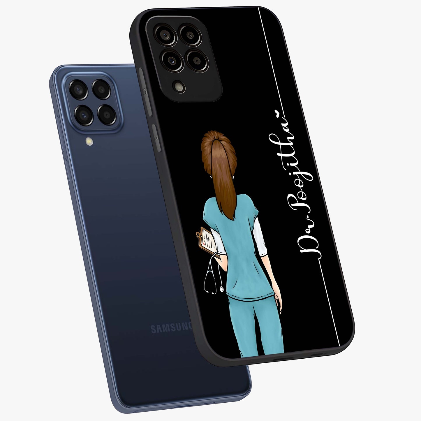 Doctor Pattern Custom Name Glass Case displayed in angled mockup highlighting doctor inspired artwork with custom name feature.