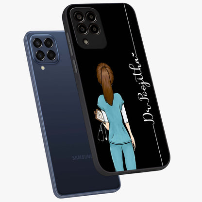 Doctor Pattern Custom Name Glass Case displayed in angled mockup highlighting doctor inspired artwork with custom name feature.