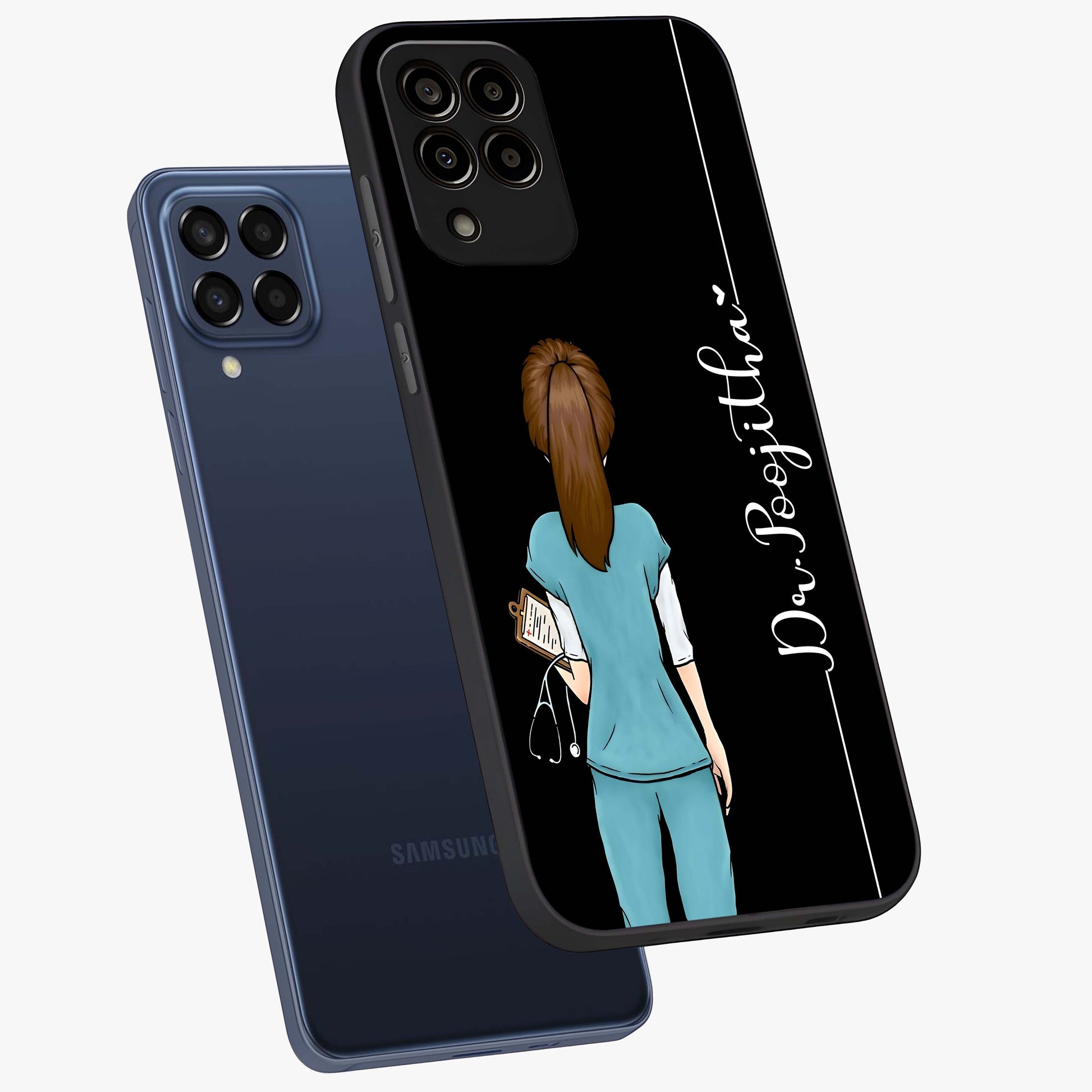 Doctor Pattern Custom Name Glass Case displayed in angled mockup highlighting doctor inspired artwork with custom name feature.