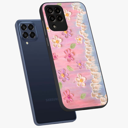 Dreamy Painted Garden Glass Case displayed in angled mockup highlighting colorful garden illustration with dreamy aesthetic style.