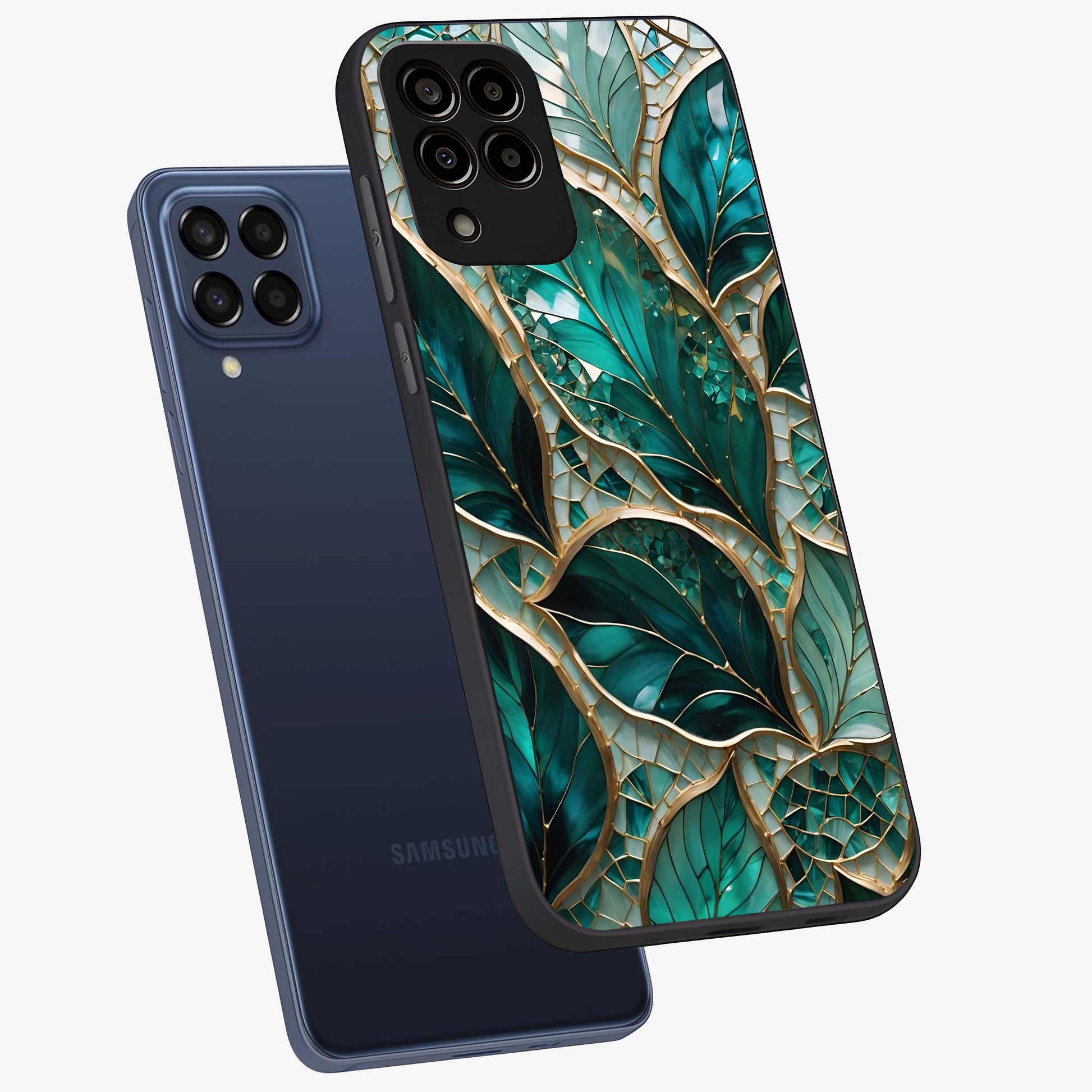 Emerald Leaf Glass Glass Case displayed in angled mockup highlighting botanical leaf illustration with elegant natural aesthetic.