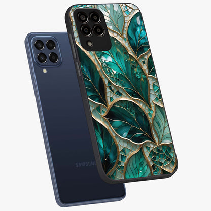 Emerald Leaf Glass Glass Case displayed in angled mockup highlighting botanical leaf illustration with elegant natural aesthetic.