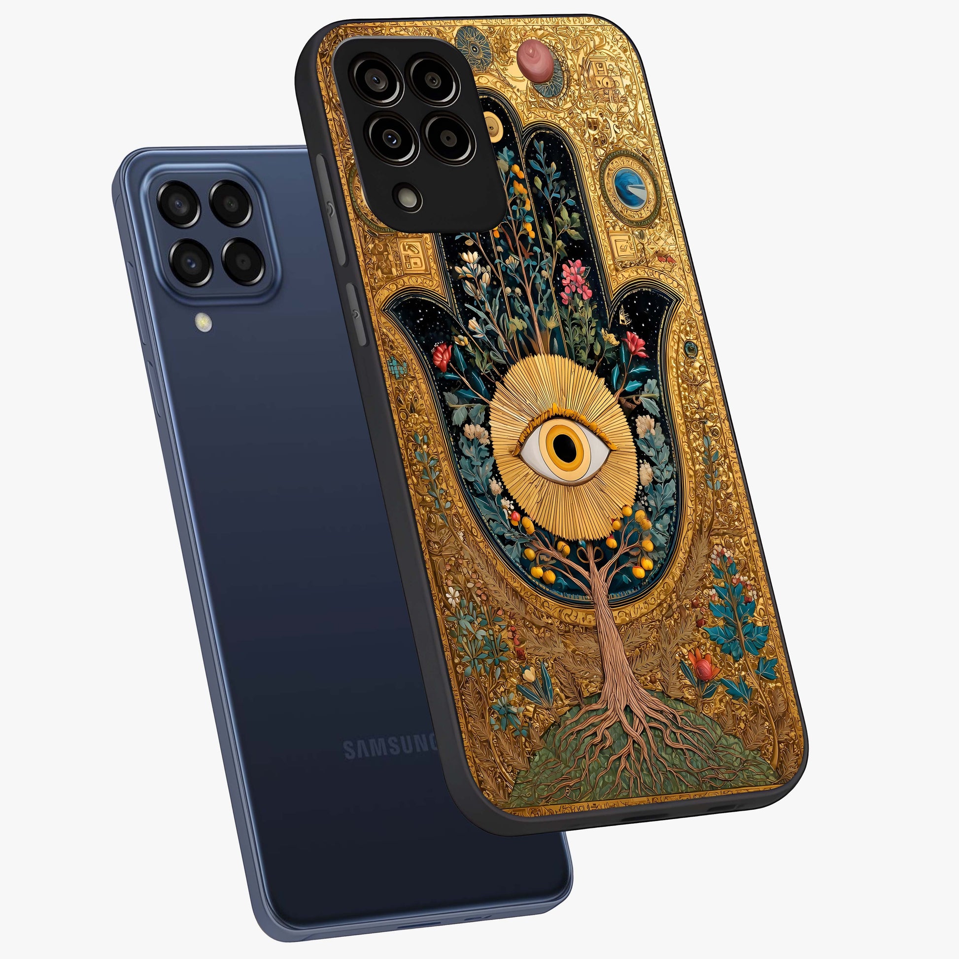 Ethereal Evil Eye Glass Case displayed in angled mockup highlighting protective evil eye symbol with spiritual aesthetic design.