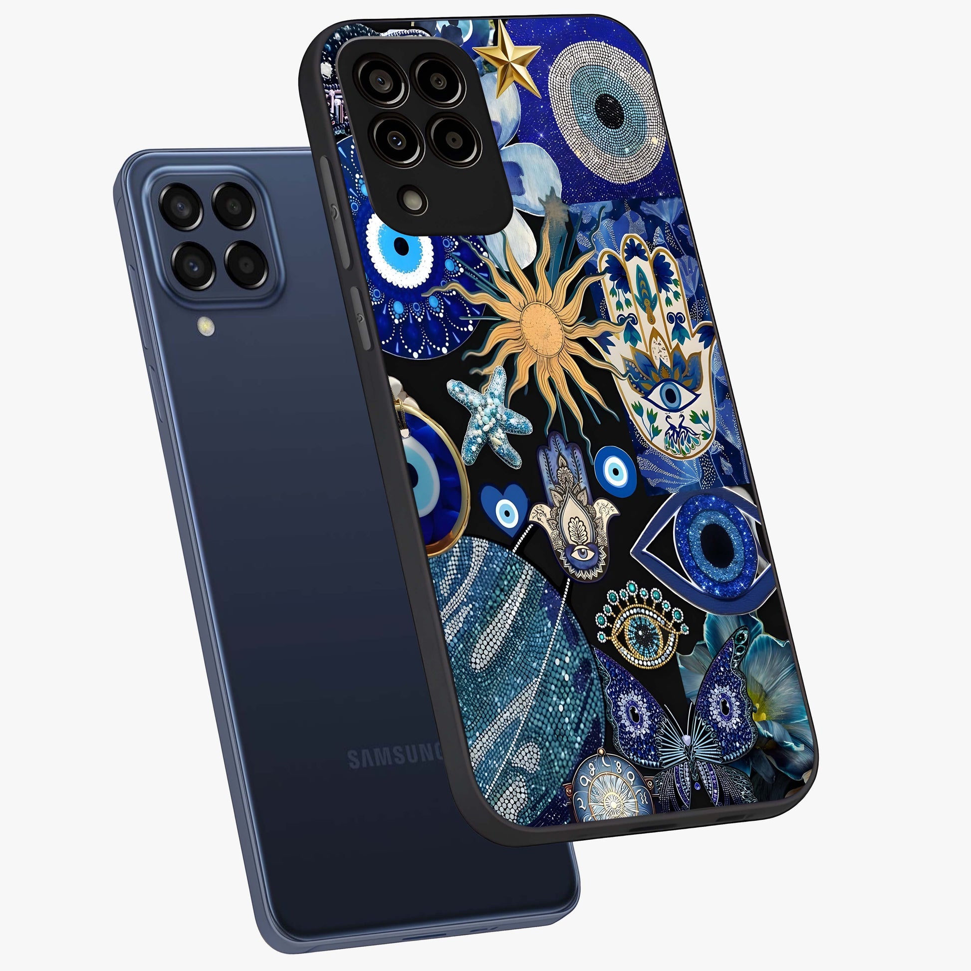 Evil Eye Charm Mix Glass Case displayed in angled mockup highlighting protective evil eye symbols with spiritual aesthetic design.