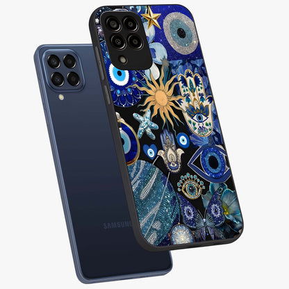 Evil Eye Charm Mix Glass Case displayed in angled mockup highlighting protective evil eye symbols with spiritual aesthetic design.
