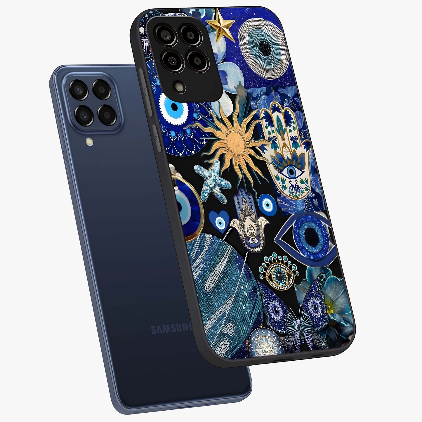 Evil Eye Charm Mix Glass Case displayed in angled mockup highlighting protective evil eye symbols with spiritual aesthetic design.