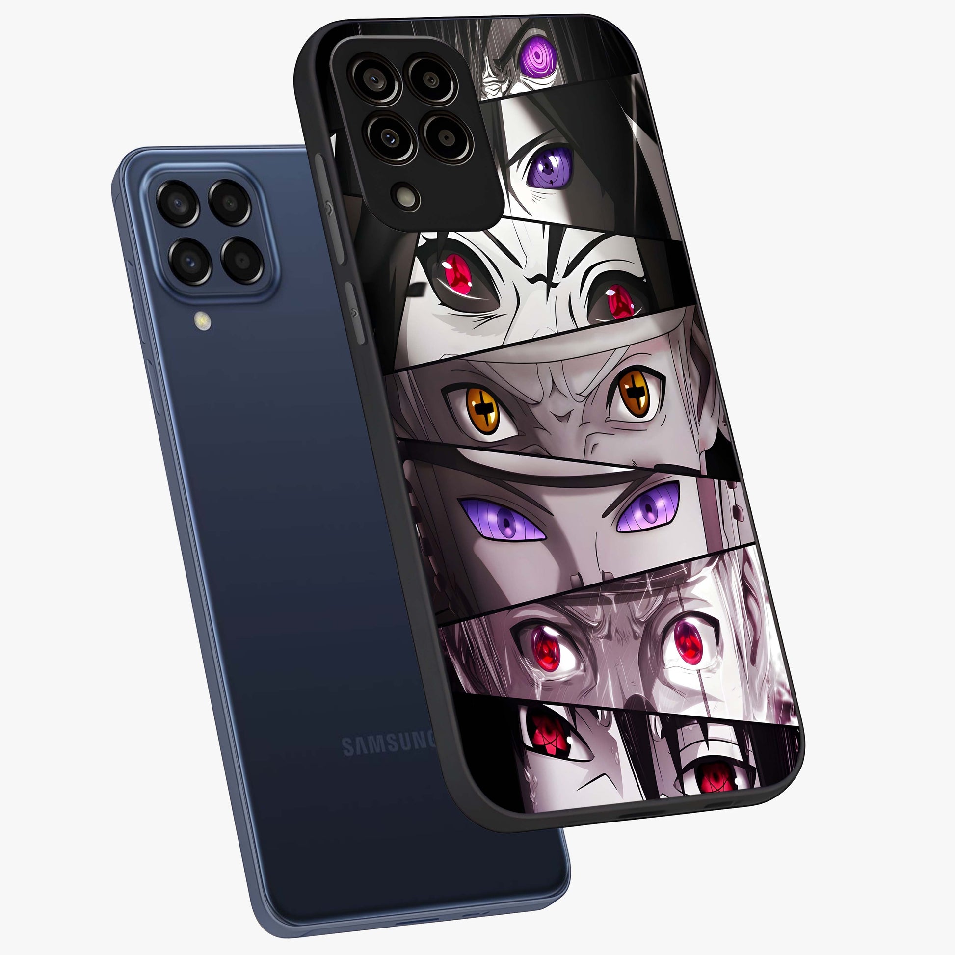 Eyes of Destiny Glass Case displayed in angled mockup highlighting bold eye illustration with mystical aesthetic style.