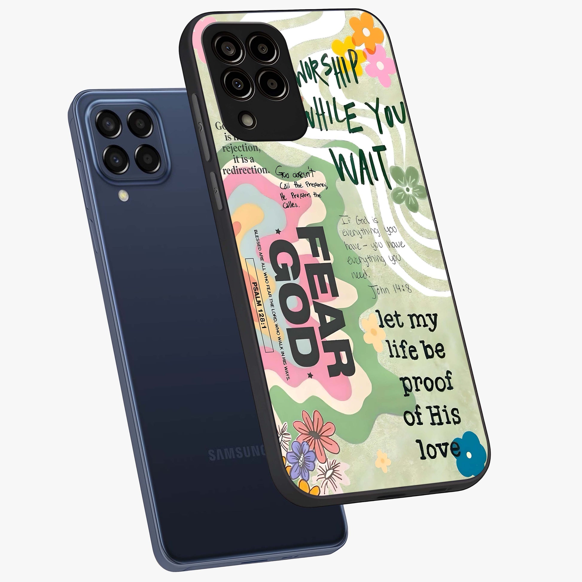 Faith Over Fear Glass Case displayed in angled mockup highlighting inspirational message design with modern aesthetic style.