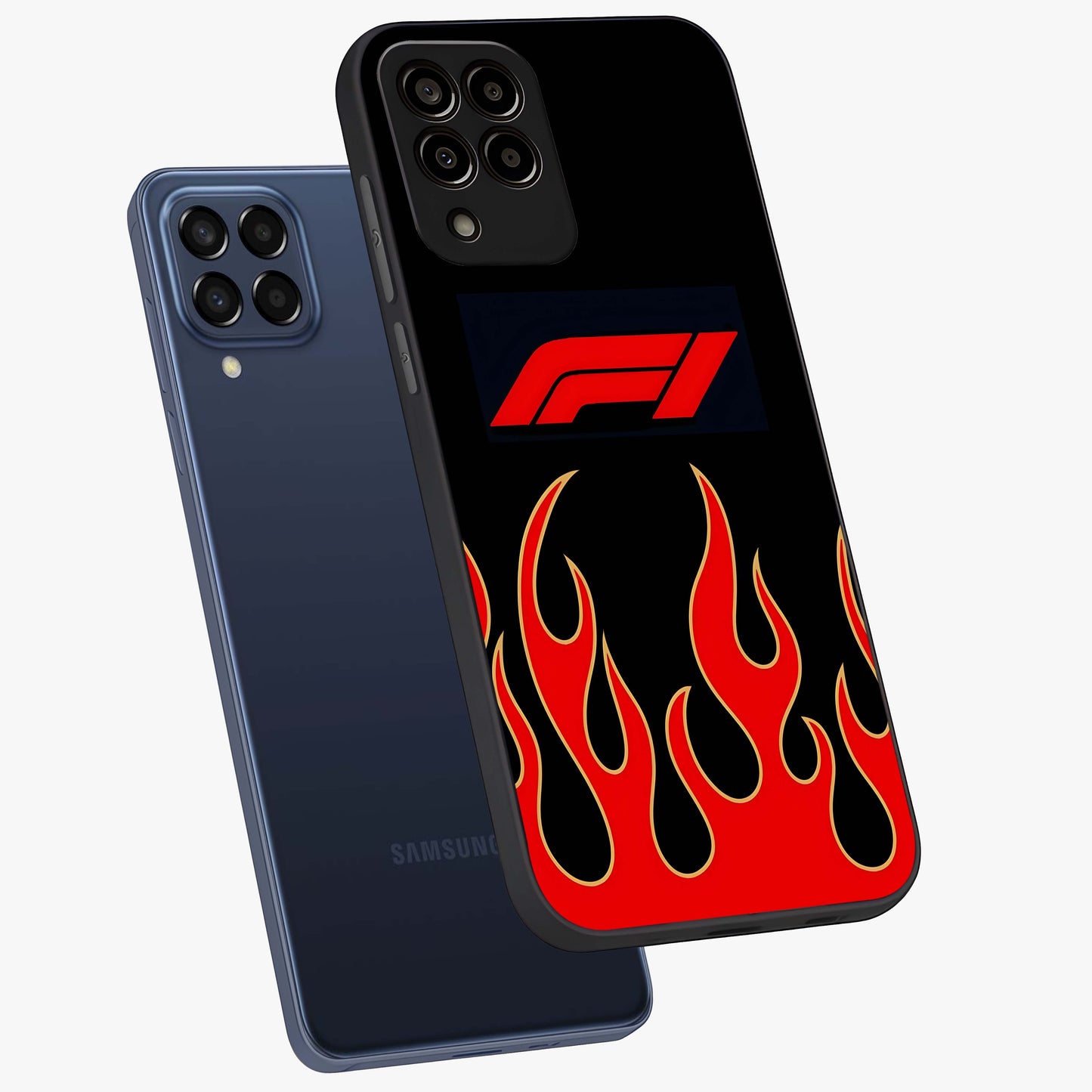 Fire F11 Glass Case displayed in angled mockup highlighting bold fire inspired graphic with energetic aesthetic style.