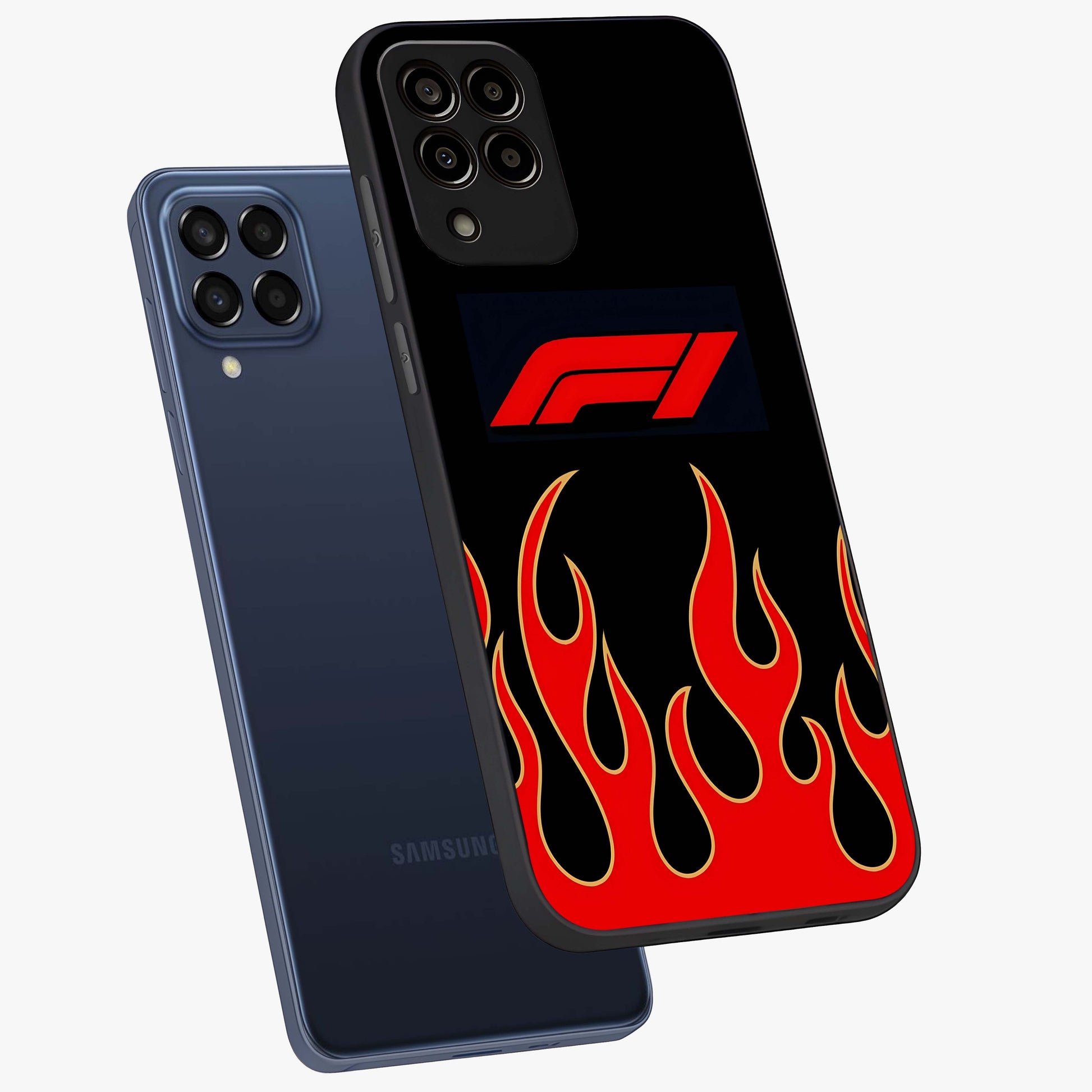 Fire F11 Glass Case displayed in angled mockup highlighting bold fire inspired graphic with energetic aesthetic style.