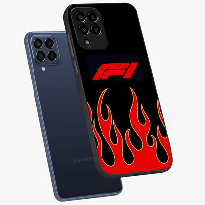 Fire F11 Glass Case displayed in angled mockup highlighting bold fire inspired graphic with energetic aesthetic style.