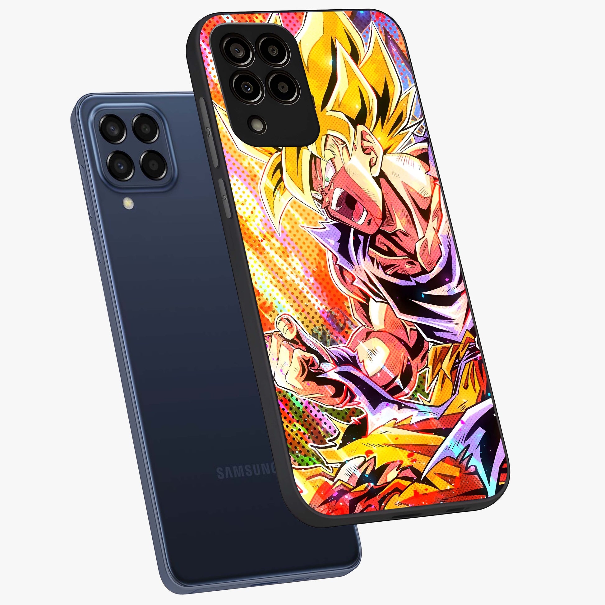 Firing Goku Glass Case displayed in angled mockup highlighting dynamic anime character design with action aesthetic.