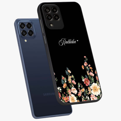 Floral Design With a Custom Personalized Name Glass Case displayed in angled mockup highlighting elegant floral pattern with custom name feature.