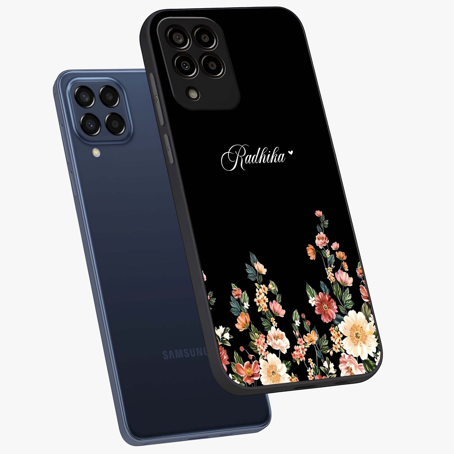 Floral Design With a Custom Personalized Name Glass Case displayed in angled mockup highlighting elegant floral pattern with custom name feature.