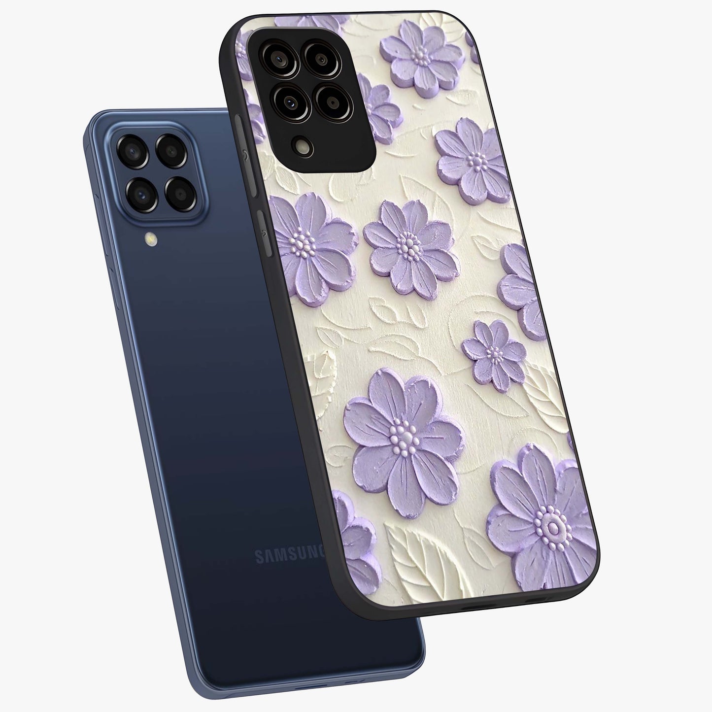 Floral Wall Art With Purple Flowers Glass Case displayed in angled mockup highlighting vibrant purple floral illustration with artistic aesthetic.