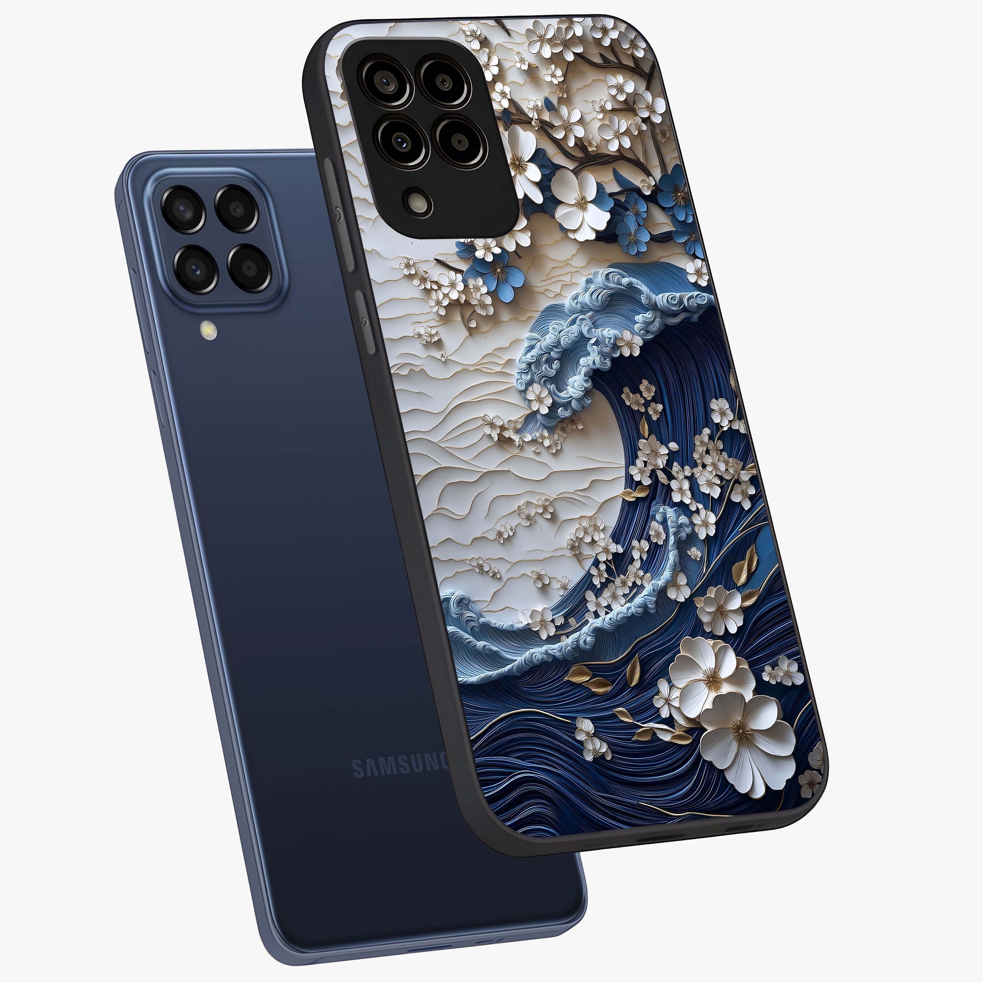 Floral Wave Origami Glass Case displayed in angled mockup highlighting geometric origami flower design with modern aesthetic style.