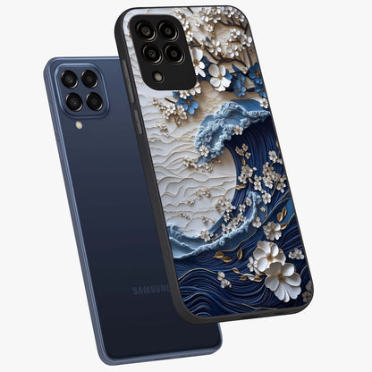 Floral Wave Origami Glass Case displayed in angled mockup highlighting geometric origami flower design with modern aesthetic style.