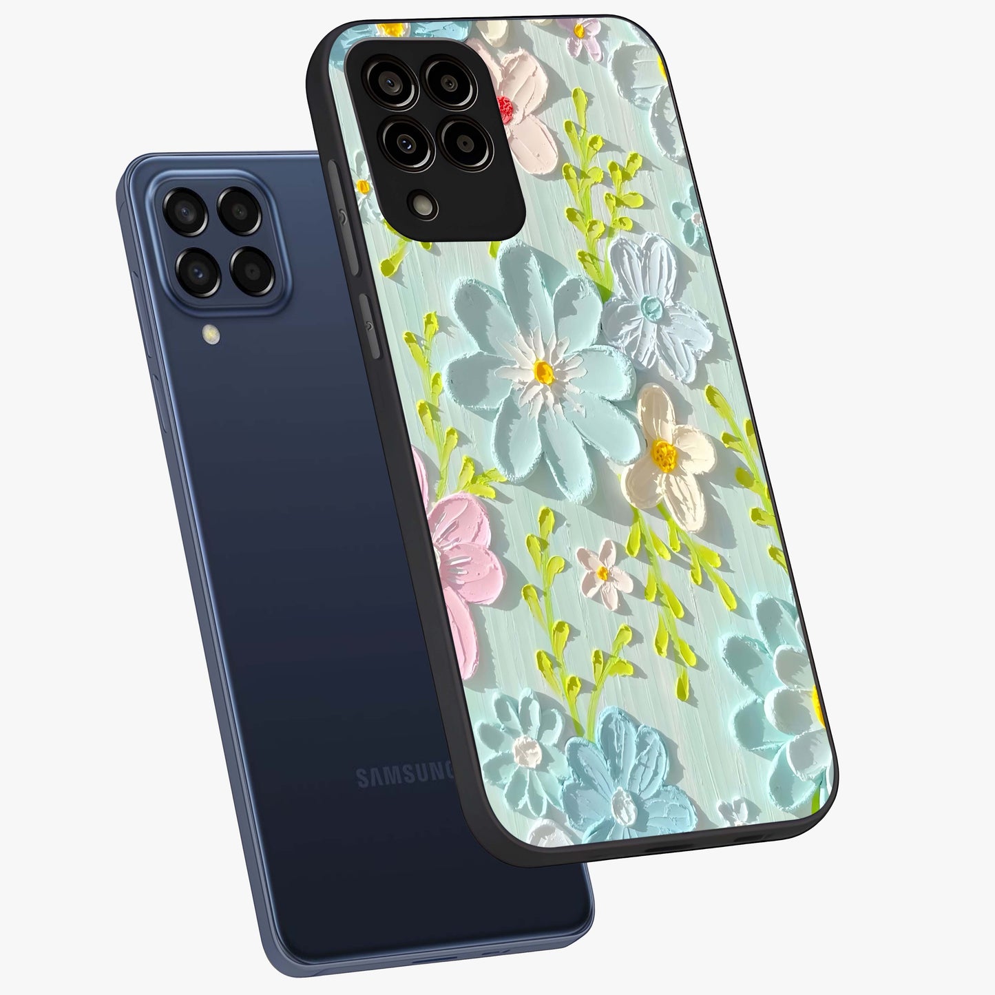 Frosted Petal Garden Glass Case displayed in angled mockup highlighting delicate flower petal design with calm garden aesthetic.