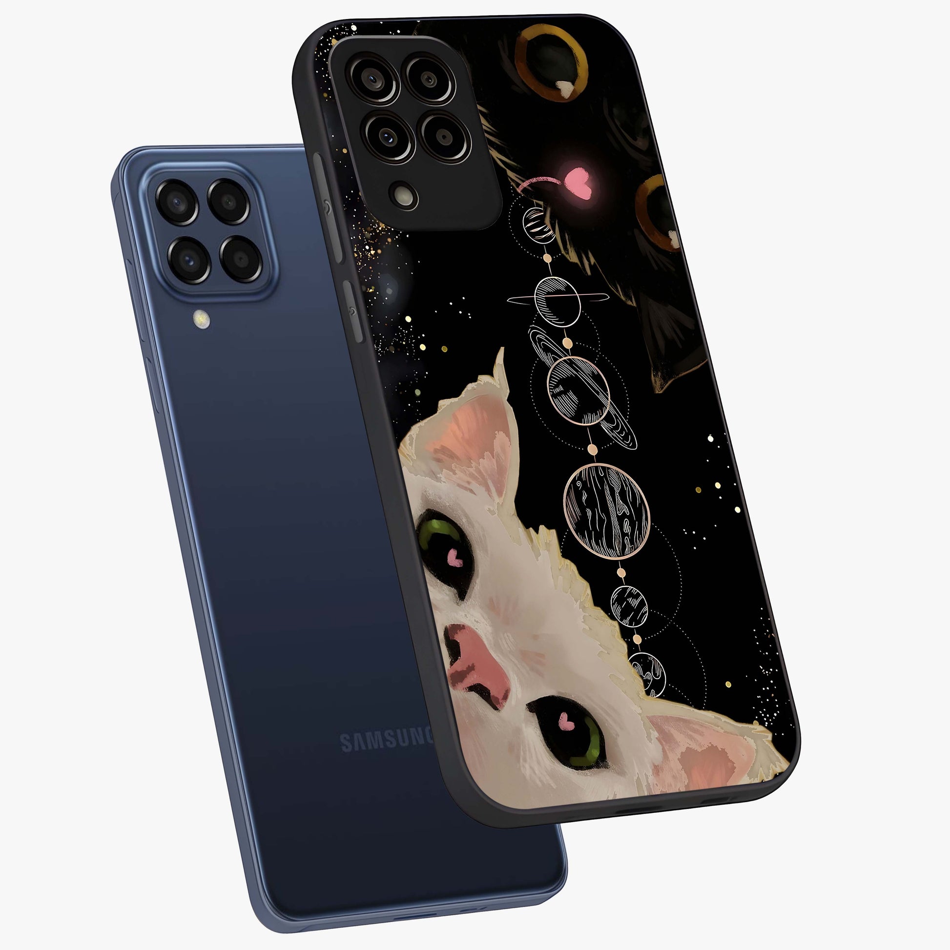 Galactic Cat Glass Case displayed in angled mockup highlighting celestial feline illustration with galaxy aesthetic style.