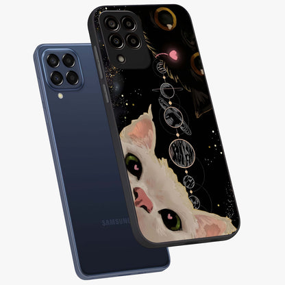 Galactic Cat Glass Case displayed in angled mockup highlighting celestial feline illustration with galaxy aesthetic style.